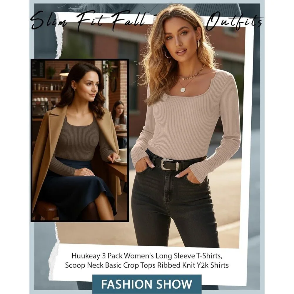 3 Pack Women's Long Sleeve T-Shirts Basic Crop Tops Slim Fit Fall Outfits - Picture 2 of 5